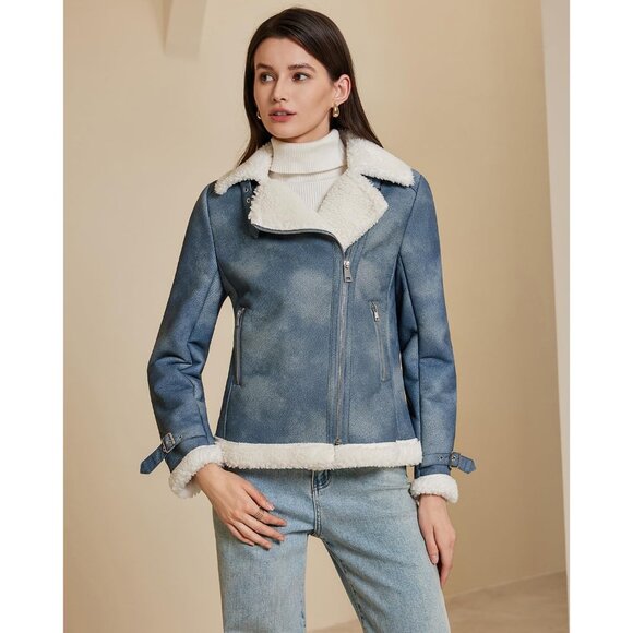 Women's Blue Denim Leather Jacket Fur Winter Coat Warm Thick Fur Lined Faux - Picture 6 of 6